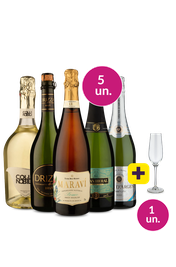 Kit 5 - Espumantes de 5 Pa&iacute;ses + Ta&ccedil;a de Cristal Gr&aacute;tis - Oferta Absurda