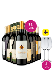 Kit 13 - Degusta&ccedil;&atilde;o de Vinhos Premium + Par de Ta&ccedil;as de Cristal Gr&aacute;tis