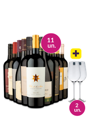 Kit 13 - Degusta&ccedil;&atilde;o de Vinhos Premium + Par de Ta&ccedil;as de Cristal Gr&aacute;tis