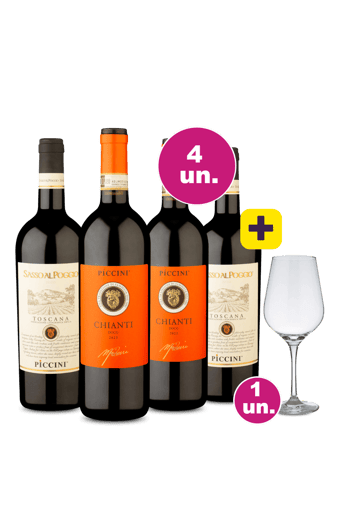 Kit 4 - Piccini Chianti e Piccini Sasso Rosso + Taça de Cristal Grátis - Exclusivo WE