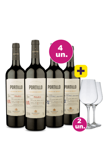 Kit 4 - Lançamento Portillo Degustação Tintos + 2 Taças Cristal Grátis