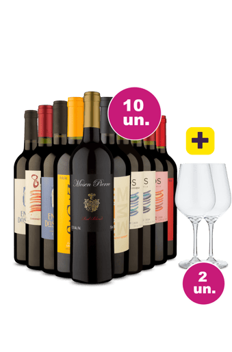 Kit 10 - Tintos por R$29,90 por Garrafa + Par de Taças de Cristal Grátis - Oferta Insana