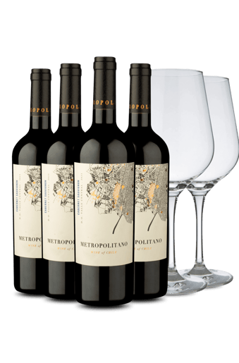 Kit 4 - Metropolitano Cabernet Sauvignon com Par de Taças de Cristal
