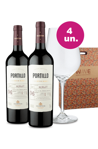 Kit Presente - Portillo Merlot + Taça Cristal + Caixa de Presente