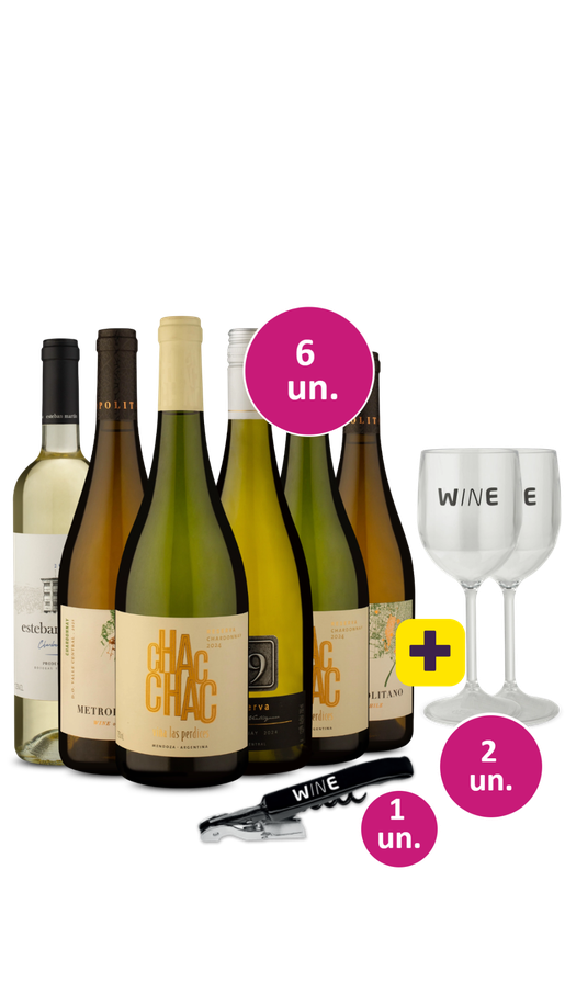 Kit 6 - Encontro de Chardonnays + 2 taças de acrílico + Saca rolhas Grátis - Exclusivo We