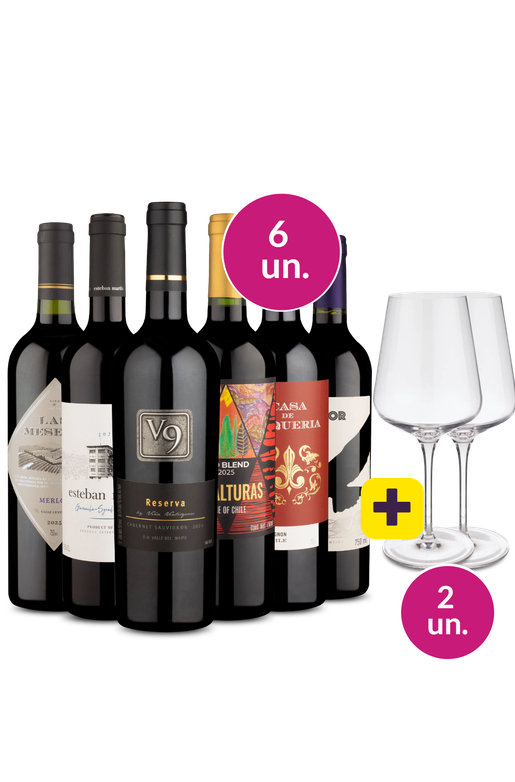 Kit 6 - Seleção de Tintos + Par de Taças de Cristal Grátis - Oferta Absurda