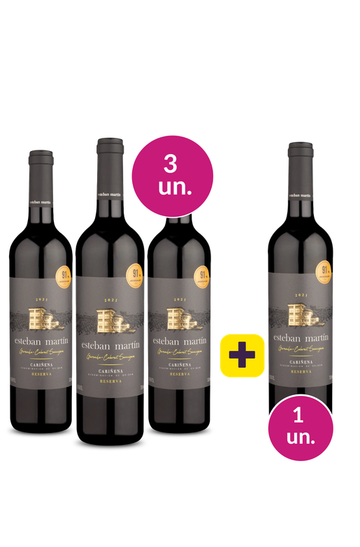 Kit 3 + 1 - Esteban Martín Reserva D.O Cariñena Garnacha Cabernet Sauvignon 2021 + 1 garrafa grátis - Exclusivo We