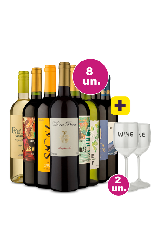 Kit 8 - Volta ao Mundo por R$27,90 por Garrafa + Par de Taças de Acrílico Grátis