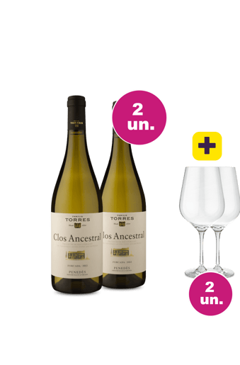 Kit 2 - Familia Torres Clos Ancestral D.O. Penedès Blanco + 2 Taças Cristal Premium 765 mL Grátis