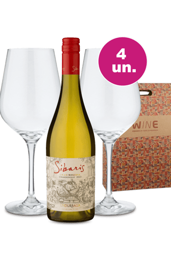 Kit Presente - Sibaris Chardonnay + Par de Taças de Cristal + Caixa de Presente