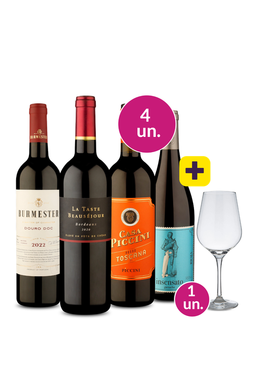 Kit 4 - Passeio pelo Velho Mundo + Taça de Cristal p/ Vinho Grátis - Exclusivo We