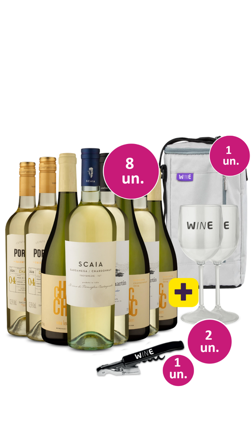 Kit 8 - Encontro de Chardonnays + 2 taças de acrílico + Saca Rolhas Wine + Bolsa p/ 3 garrafas Grátis - Exclusivo We