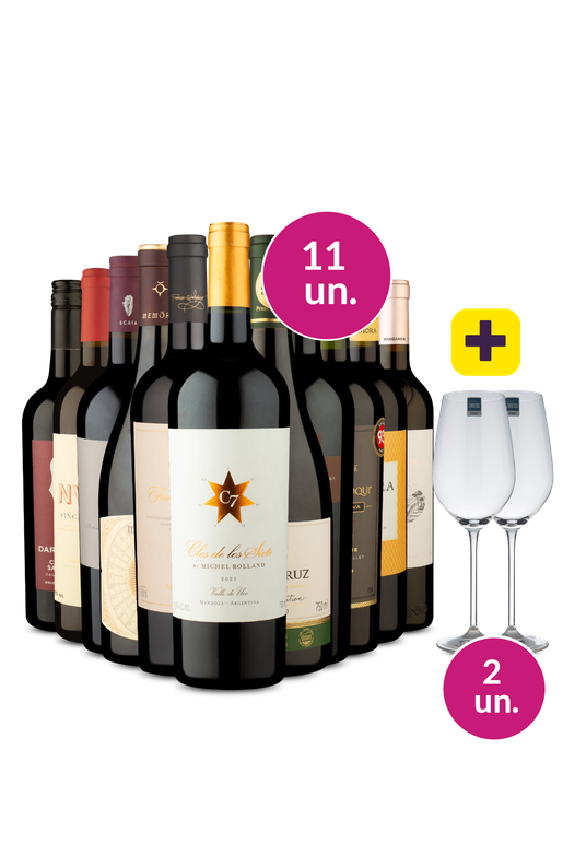 Kit 13 - Degustação de Vinhos Premium + Par de Taças de Cristal Grátis
