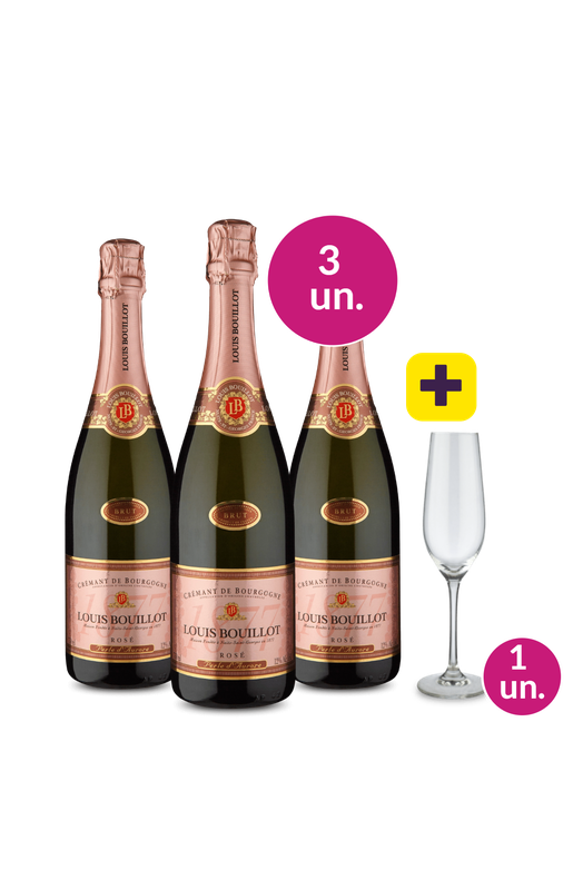 Kit 3 - Espumante Louis Bouillot A.O.C. Crémant De Bourgogne Rosé Brut + Taça de Cristal p/ Espumante Grátis - Exclusivo We