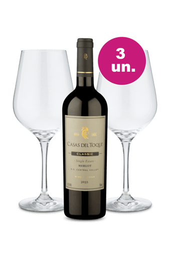 Kit Especial - Casas Del Toqui Merlot + Par de Taças de Cristal