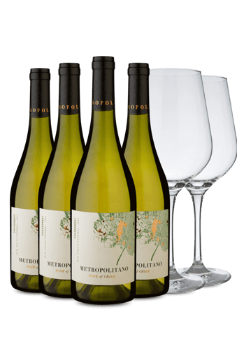 Kit 4 - Metropolitano Chardonnay com Par de Taças de Cristal