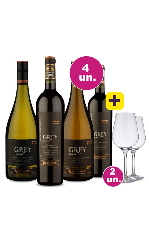 Kit 4 - Degustação Ventisquero Grey Single Block + 2 Taças de Cristal Grátis - Exclusivo We