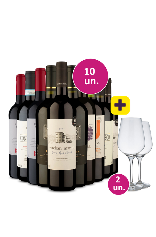 Kit 10 - Tintos para comemorar + 2 taças de cristal Grátis - Exclusivo We