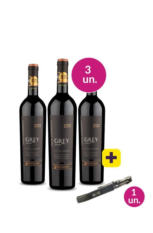 Kit 3 - Ventisquero Grey Single Block Valle Del Maipo Carménère + Saca Rolhas Grátis - Exclusivo We