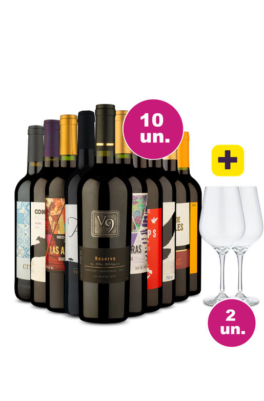 Kit 10 - Tintos Espetaculares por R$29,90 + Par de Taças de Cristal Grátis