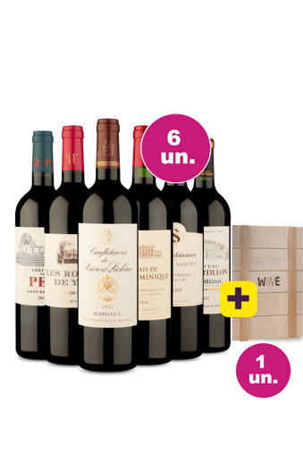 Kit 6 - Lançamentos de Bordeaux + Caixa Pinus p/ 6 garrafas Grátis - Exclusivo We