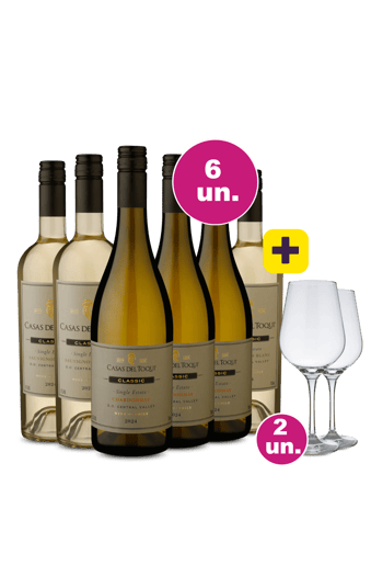 Kit 6 - Casas Del Toqui Single Estate Chardonnay e Sauvignon Blanc + 2 taças de Cristal Grátis - Exclusivo We