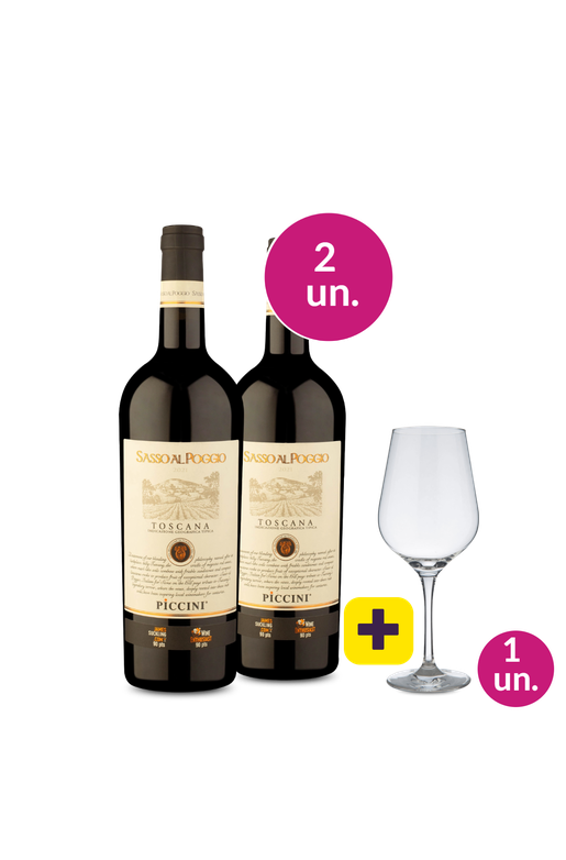 Kit 2 - Piccini Sasso Al Poggio I.G.T. Toscana Rosso 2021 + Taça de Cristal p/ Vinho Grátis - Exclusivo We