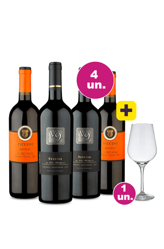Kit 4 - V9 Reserva Cabernet Sauvignon e Piccini Toscana Rosso + Taça de Cristal Grátis - Exclusivo WE