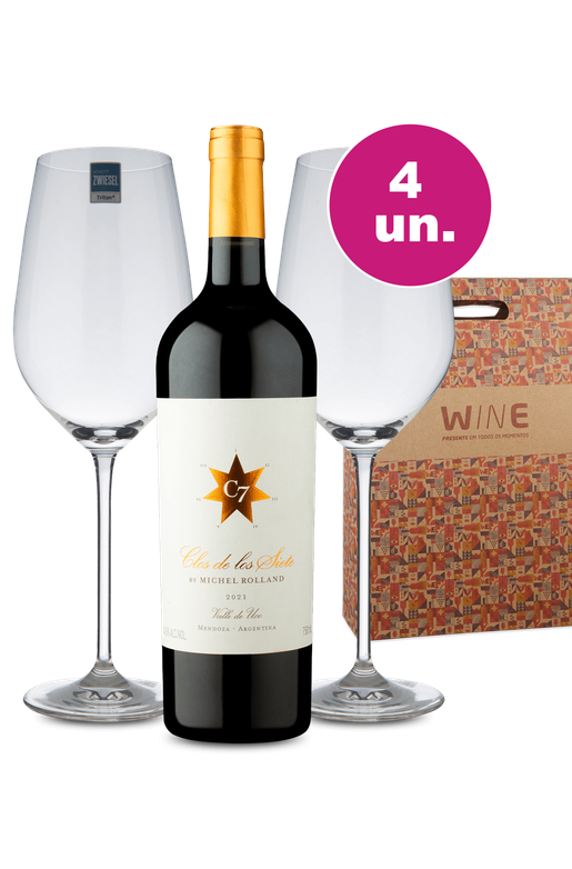 Kit Presente - Clos de Los Siete + Par de Taças de Cristal + Caixa de Presente