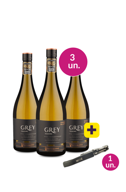 Kit 3 - Ventisquero Grey Single Block Valle De Casablanca Chardonnay + Saca Rolhas Grátis - Exclusivo We