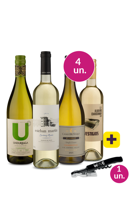 Kit 4 - Chardonnays + Saca Rolhas dois estágios Wine - Exclusivo We