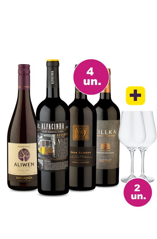 Kit 4 - Tintos Renomados + Par de Taças de Cristal Grátis - Oferta Absurda