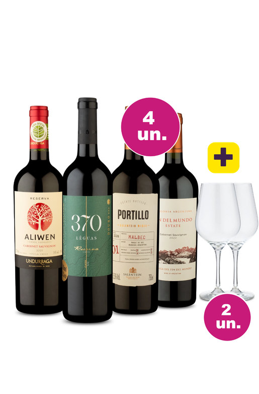 Kit 4 - Tintos Especiais + Par de Taças de Cristal Grátis - Oferta Absurda