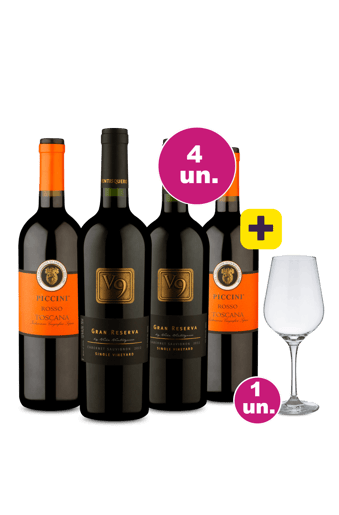 Kit 4 - V9 Gran Reserva Cabernet Sauvignon e Piccini Toscana Rosso + Taça de Cristal Grátis - Exclusivo WE